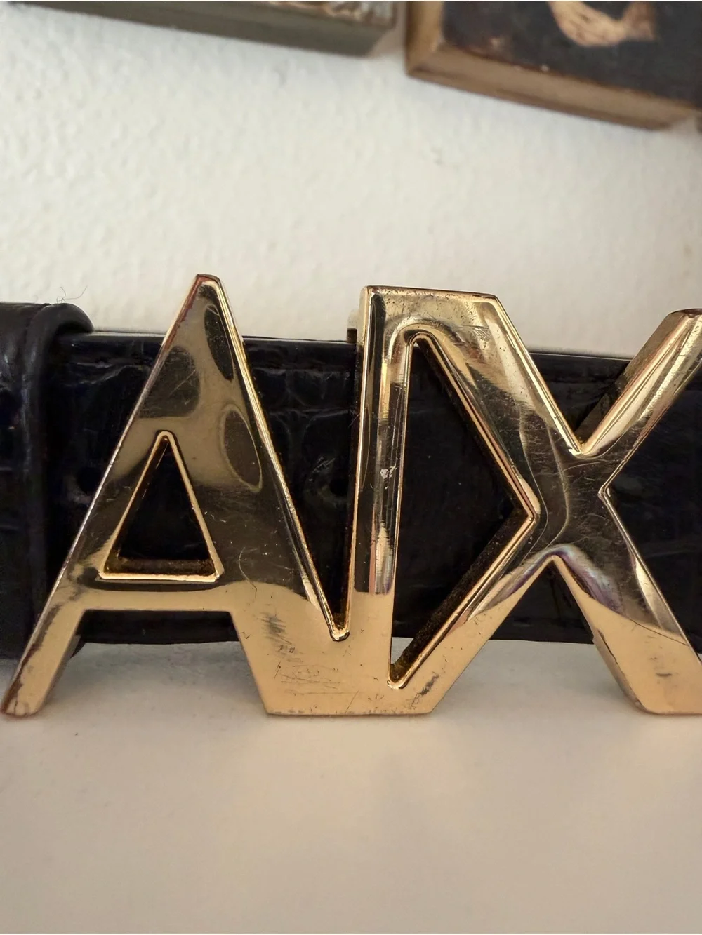 Armani Exchange Black Croc Embossed Belt Gold AX Logo Buckle 40”